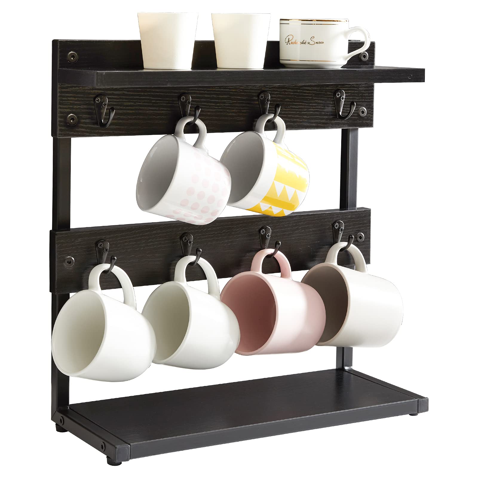 IBUYKE Rustic Coffee Mug Holder Stand, 2 Tier Countertop Mug Tree Holder Rack with Storage Base, Vintage Mug Holders for Kitchen, Holds 8 Mugs, Black TBJ002B