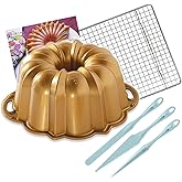 Nordic Ware Original Gold Anniversary Bundt Pan Holds 12 Cups With Cake Finishing Tool Kit + Cooling Rack and Recipe Card