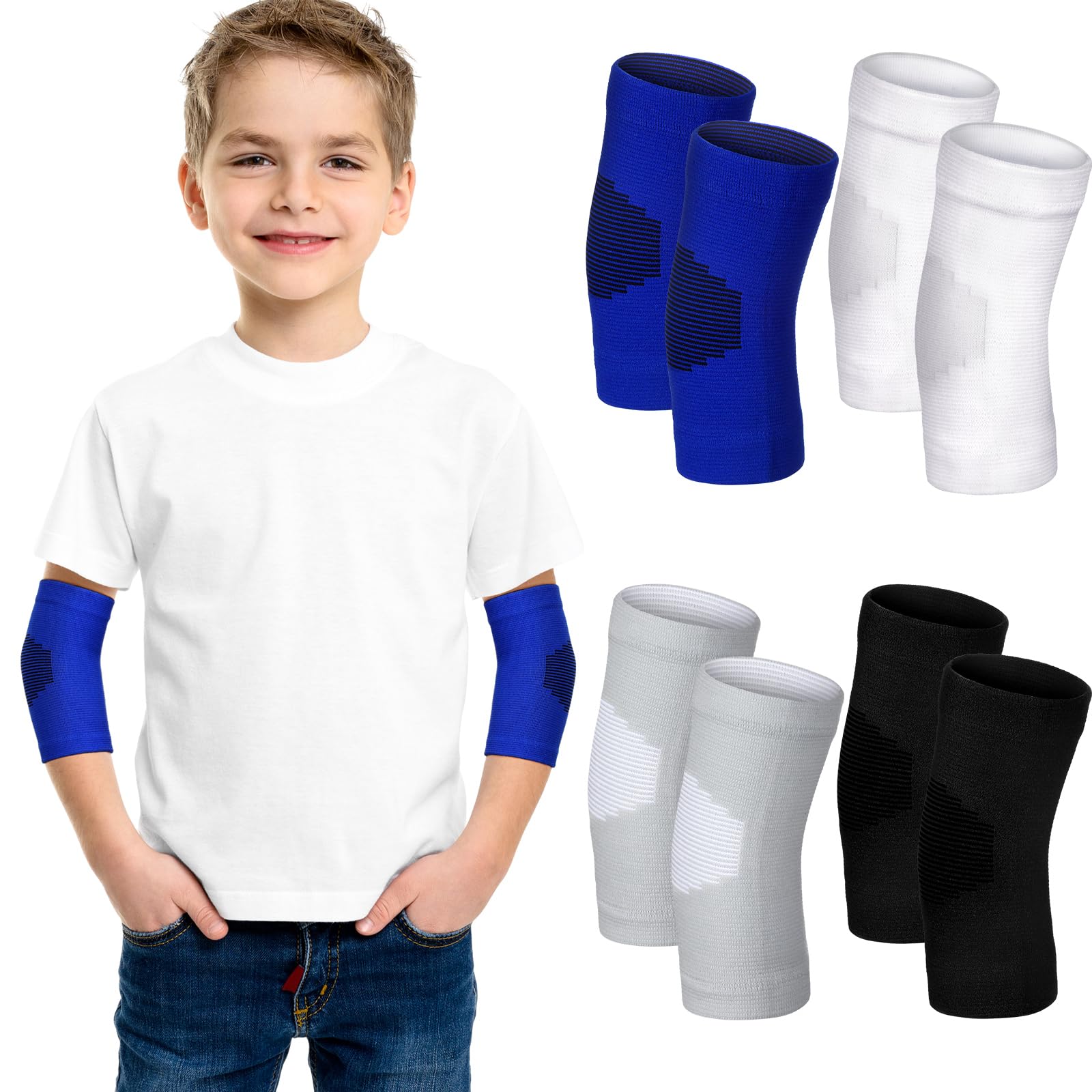 Photo 1 of Lenwen 4 Pairs Kids Elbow Brace Compression Arm Elbow Sleeve Knit Guard Gym Protectors for Boys Teen Children Girls Basketball Volleyball Tennis Cycling (5-10 Years,Black, White, Blue, Gray)