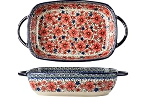 Bicuzat Vintage Style Pottery Bakeware Ceramic Casserole Dish Baking Pan Lasagna Pans Baking Dish with Handles for Oven/Cooking/Kitchen-1 PCS, Large Capacity, 60 OZ