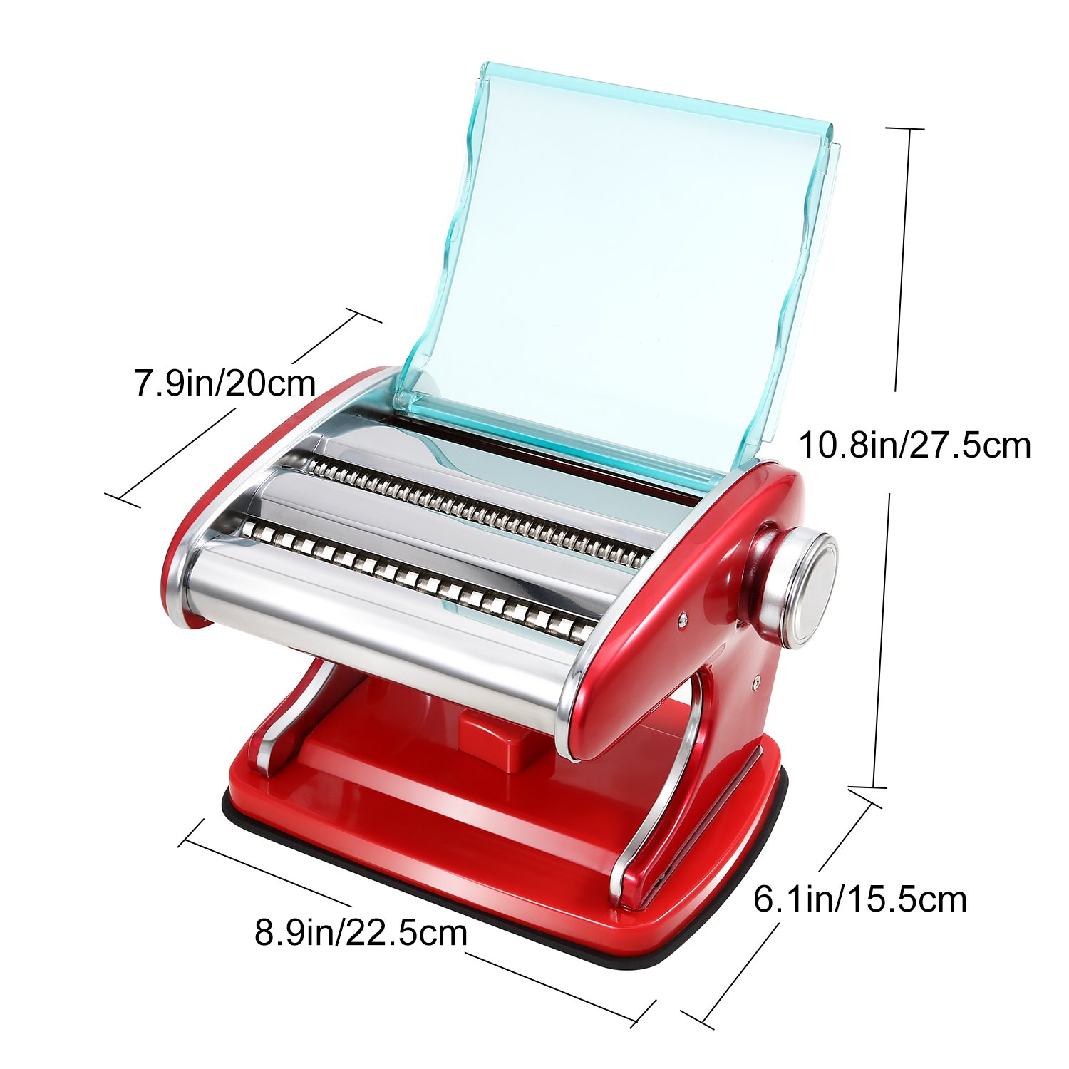 SAILNOVO Stainless Steel Noodles Machine, Red Pasta Dough Roller with Suction Base, Hand Crank and Clamp, 2 Blades for Spaghetti and Fettuccine