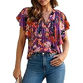antmove Women's Fashion Ruffle Chiffon Shirt V Neck Pullover Printed Blouse Elegant Short Sleeve Blouse