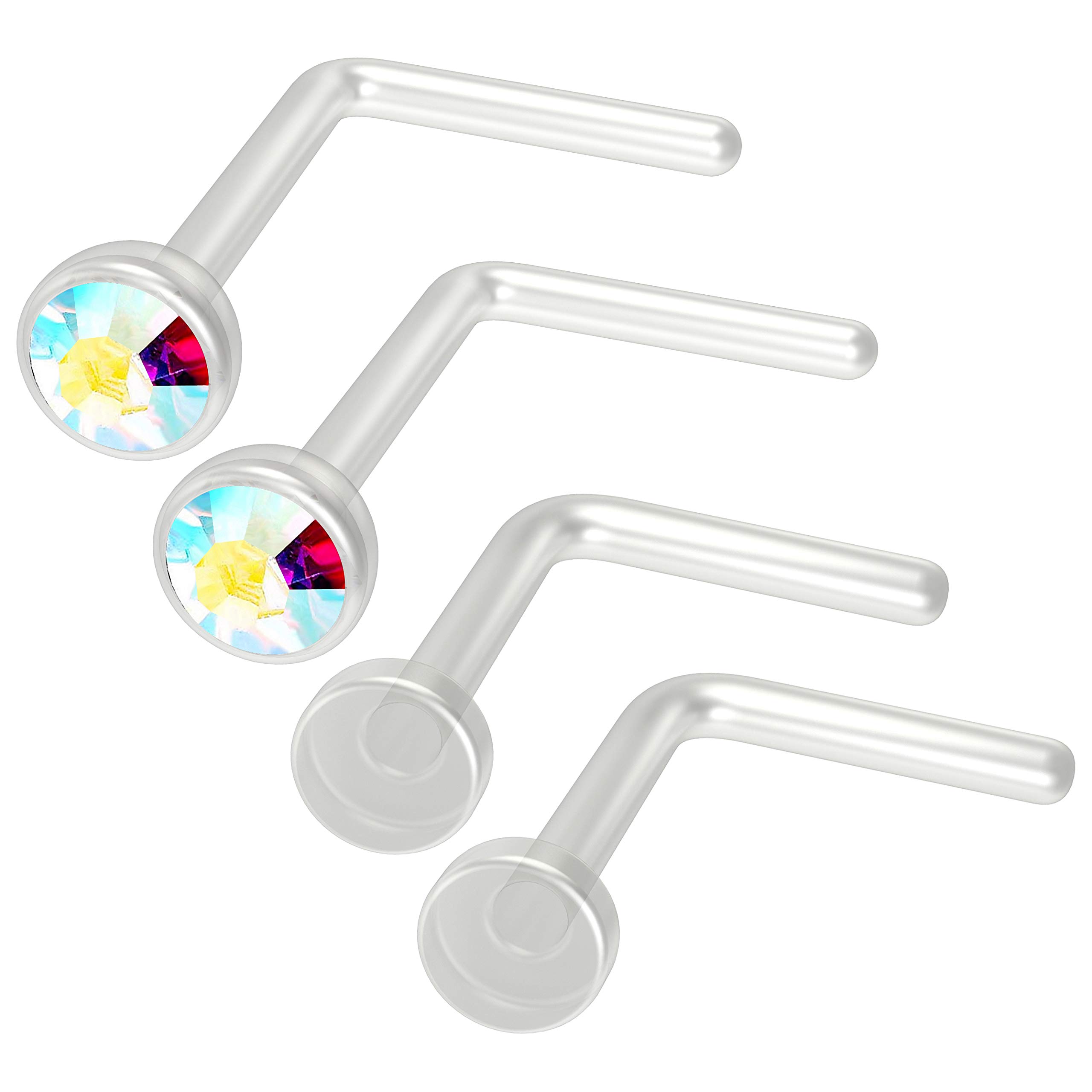 Evonix 4pc 0.8mm 20g 0.8mm Nose Ring Bars L-Shaped Nose Ring Bar Bioflex Clear Cute Flexible Bend Shape Studs Nostril Piercing 2.5mm AB Crystal Retainer Keepers