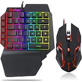 One Hand RGB Gaming Keyboard and Backlit Mouse Combo, USB Wired Rainbow Letters Glow Single Hand Mechanical Feeling With Wrist Rest Support, Gaming Set for Game