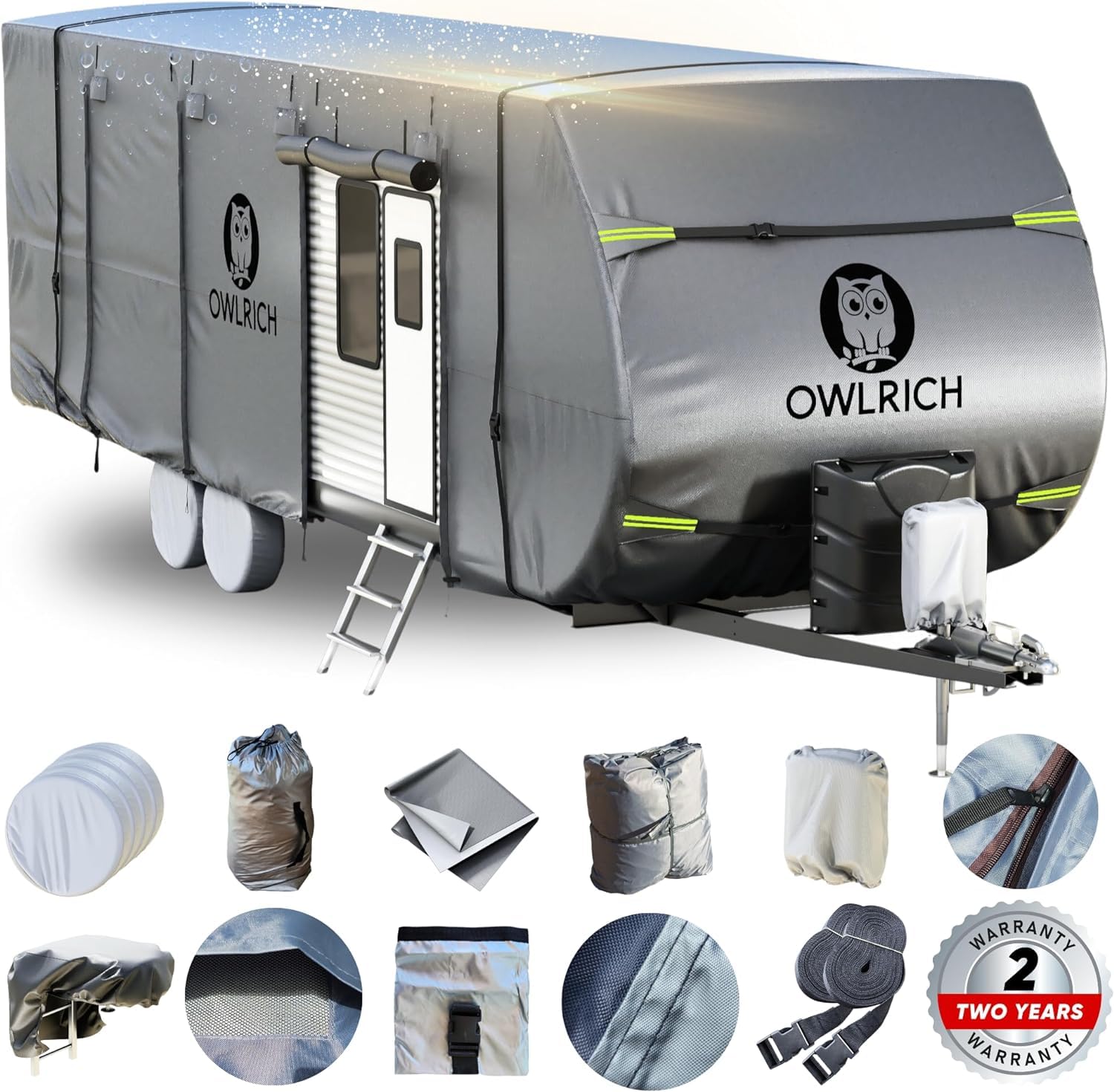 Photo 1 of OWLRICH 600D Polyester Roof-Top Travel Trailer RV Cover. 22’-24’ Weather Resistant, Tearproof Anti-UV Breathable Camper Cover. Easy to Install and Pack, with a Rich Accessories List, Enjoy!