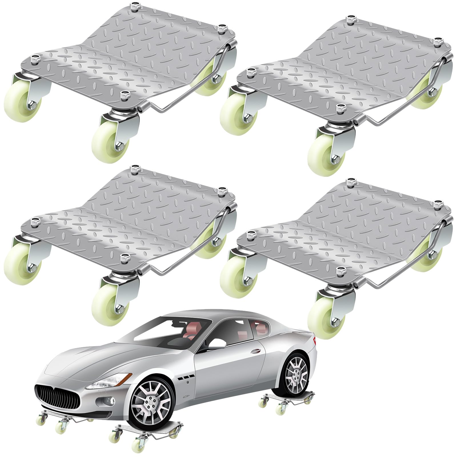 Photo 1 of Datanly Set of 4 Car Dolly, Heavy Duty Wheel Stakes, Steel 6000 Lbs Capacity Auto Vehicle Moving with 360 Degree Wheels for Storage Furniture Mover Trailer, 16" x 13"(Silver)