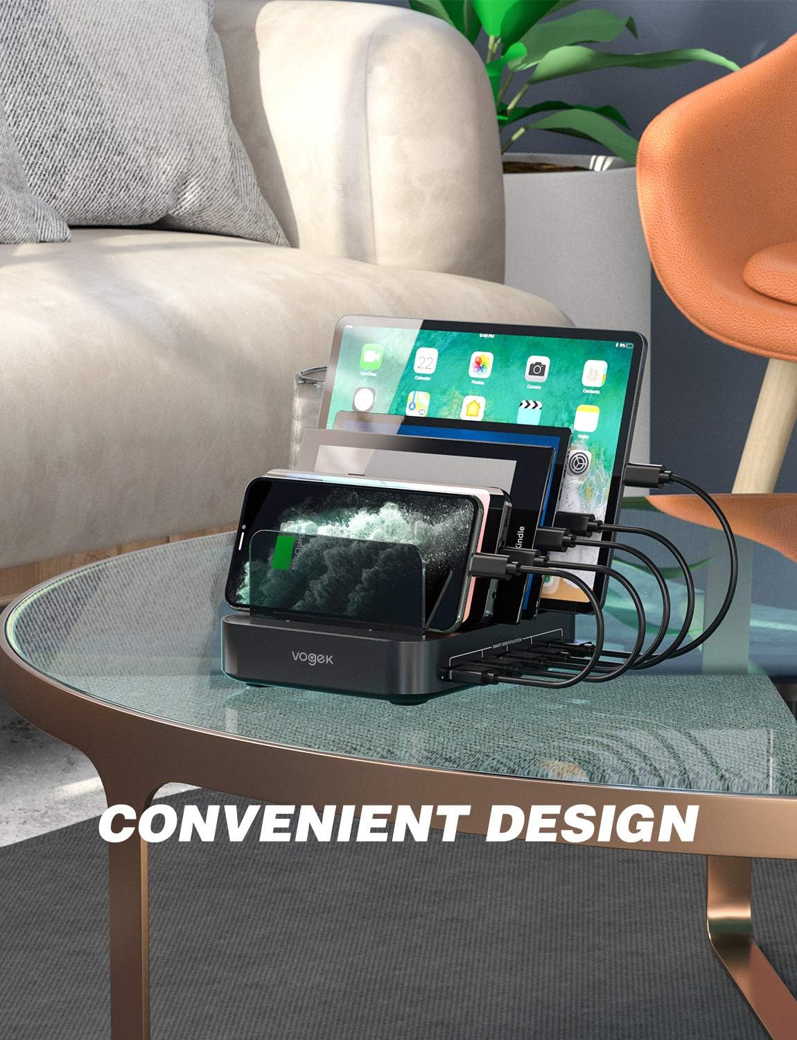 Charging Station, Vogek 50W 10A 5-Port USB Charging Station for Multiple Device with 8 Short Mixed Cables Watch & Airpod Stand Included for Cell Phones, Smart Phones, Tablets, iWatch, Airpods -Black