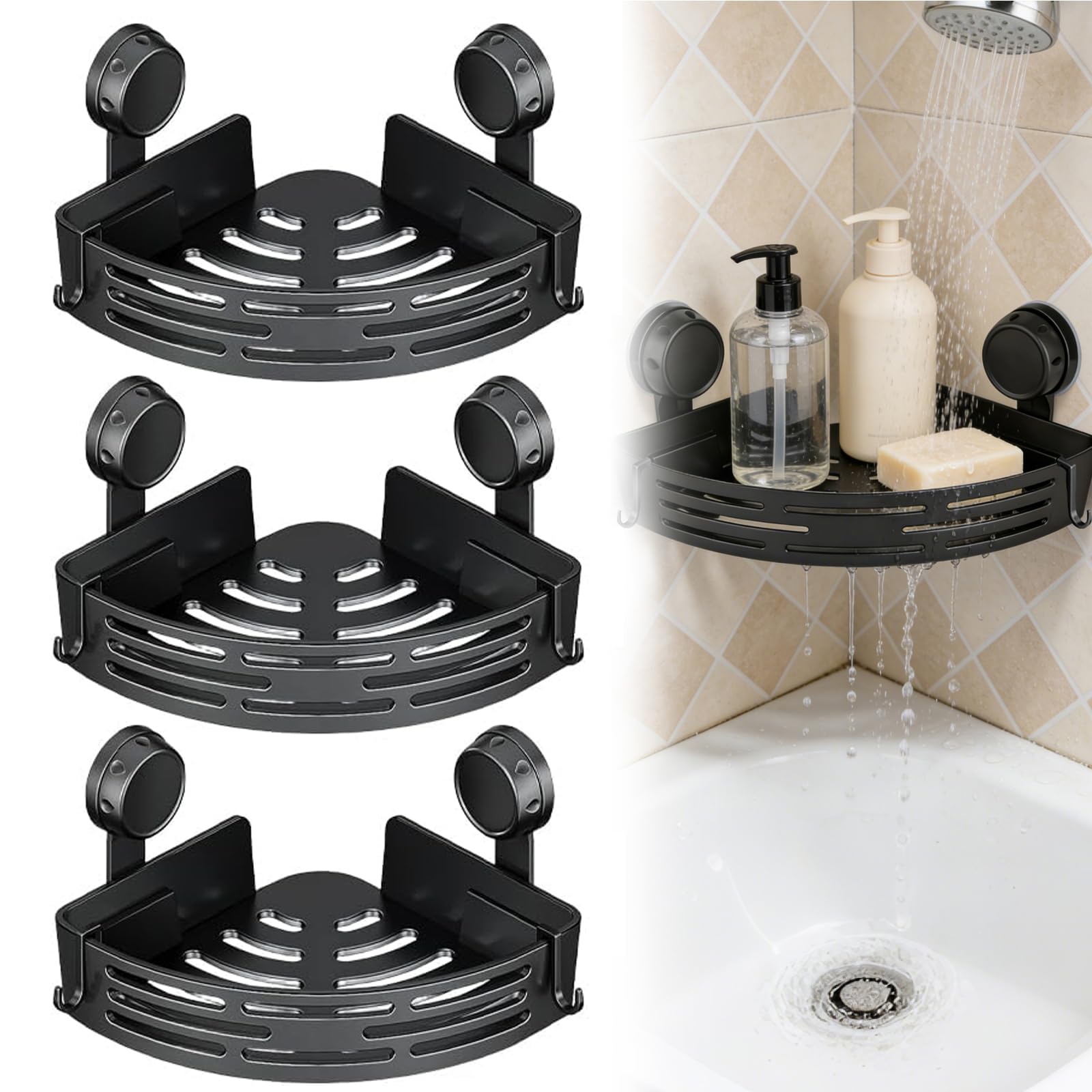 Photo 1 of 2026 New Triangle Suction Cup Corner Shower Shelf - No Drilling Bathroom Storage Rack with Towel Bar, Adhesive Organizer for Corners, Black, 3-Layer Design