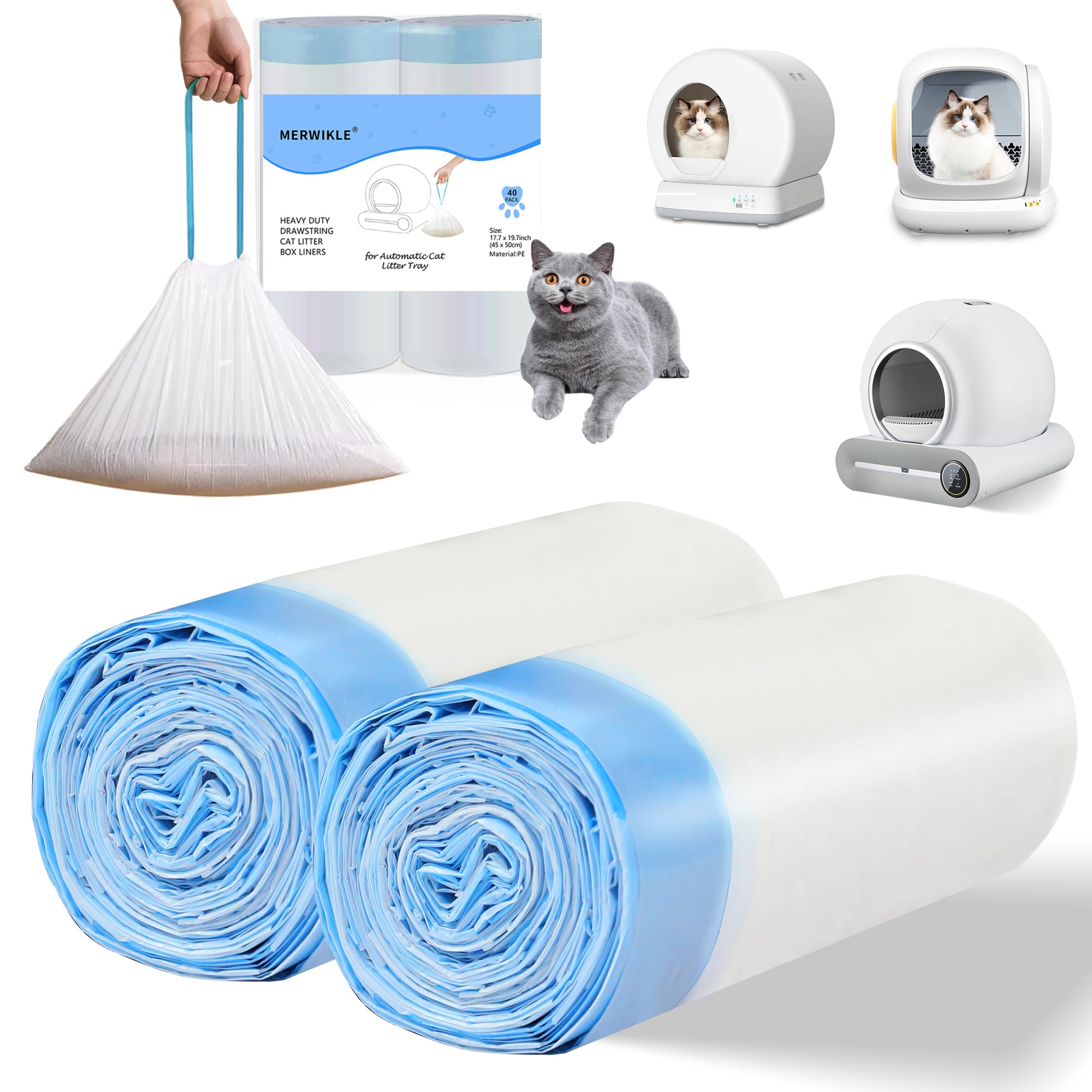 Photo 1 of 40 Count Self-Cleaning Cat Litter Box Liners Bag Compatible with MW-SC01/MW-SC02/MW-LR01, Drawstring Heavy Duty Cat Litter Receptacles Bags Fit For Automatic Pet Litter Box-17.7" * 19.7"