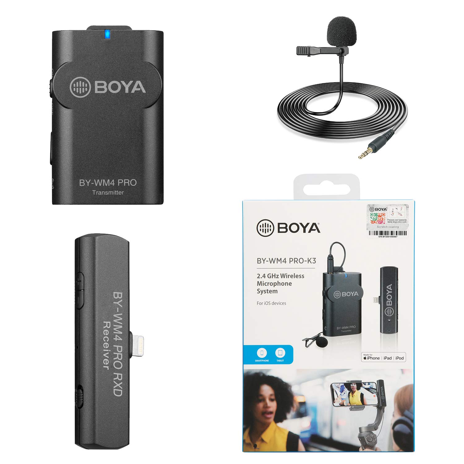 BOYA BY-WM4 Pro Wireless Lavalier Microphone System with Lightning Connector Receiver for iPhone iPad IOS Podcast Facebook Youtube Live Stream Video Recording