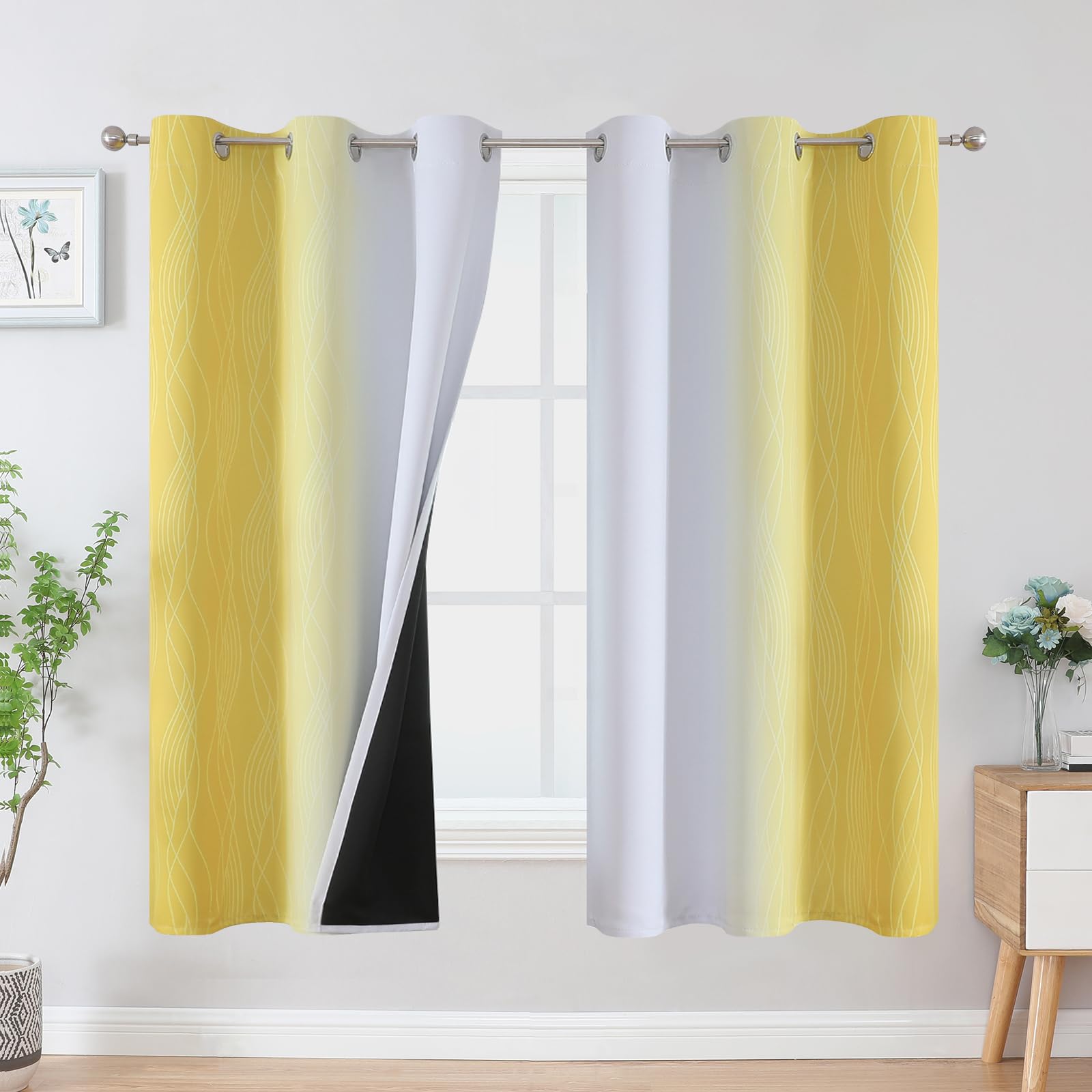 VEHEDE Ombre Blackout Thermal Curtains & Drapes for Kids Room, Strip Wave Pattern Noise Reducing Gradient Curtains 63 Inch Drop for Living Room, W42 x L63 Inch, Yellow and Greyish White, 2 Panels