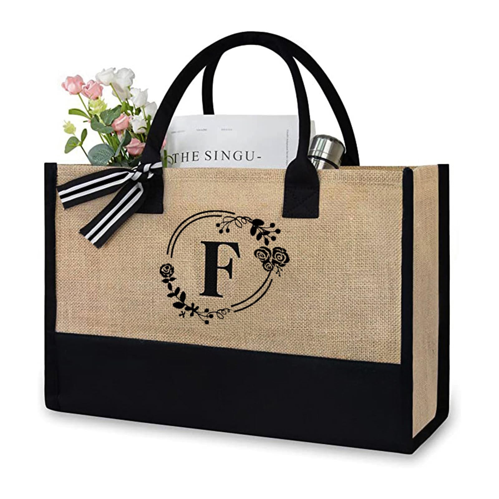 soulnioi Cotton Jute Tote Bag Reusable Shopping Bag, Personalized Flowers Letters Printed Bag for Women/Men, Reusable Canvas Beach Bag Present Bag for Daily/Travel/Grocery/Picnic- F