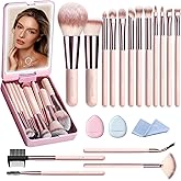 Makeup Brushes with Case, 20PCs Travel Makeup Brush Set, Foundation Concealer Blush Eyeshadow Brush Set Contour Powder Eyebrow Eyelash Brush Kit with Led Light Mirror Holder & 2 Powder Puff-Pink