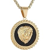 HZMAN Mens Lion Circle Medal Necklace Gold Plated Stainless Steel Shiny CZ Pendant