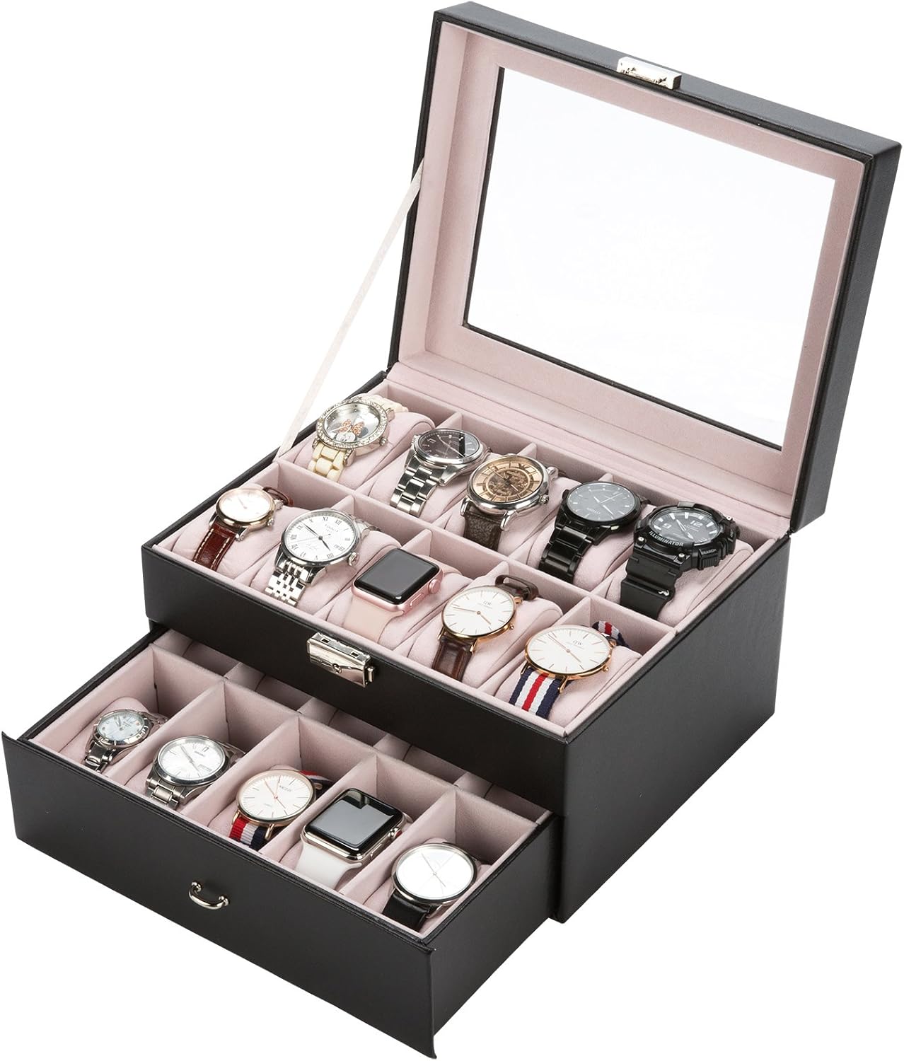 Uhrenbox Uhrenkasten Uhrenschatulle Uhrenkoffer Watch Box Eleganter Speicher Schaukasten PU Leder für 20 Uhren Damen Herren schwarz abschließbar