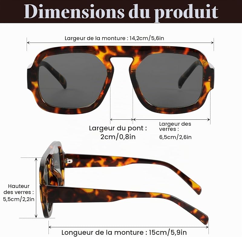 2 Pièces Lunettes de Soleil Femme Homme Carrées Rétro de Soleil Protection UV400