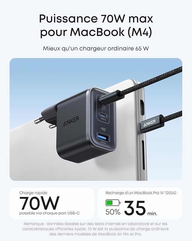 Nano Chargeur USB C 70W 3 Ports (Câble Inclus), Sortie Ultrafast