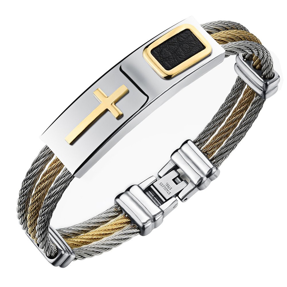 PAURO Mens Stainless Steel Gold and Silver Cable Wire Twisted Rope Cross Bangle Bracelet