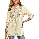Higustar Mexican Embroidered Tops for Women Long Sleeve Shirts Bohemian Flower Peasant Tunics Clothing Boho Blouse