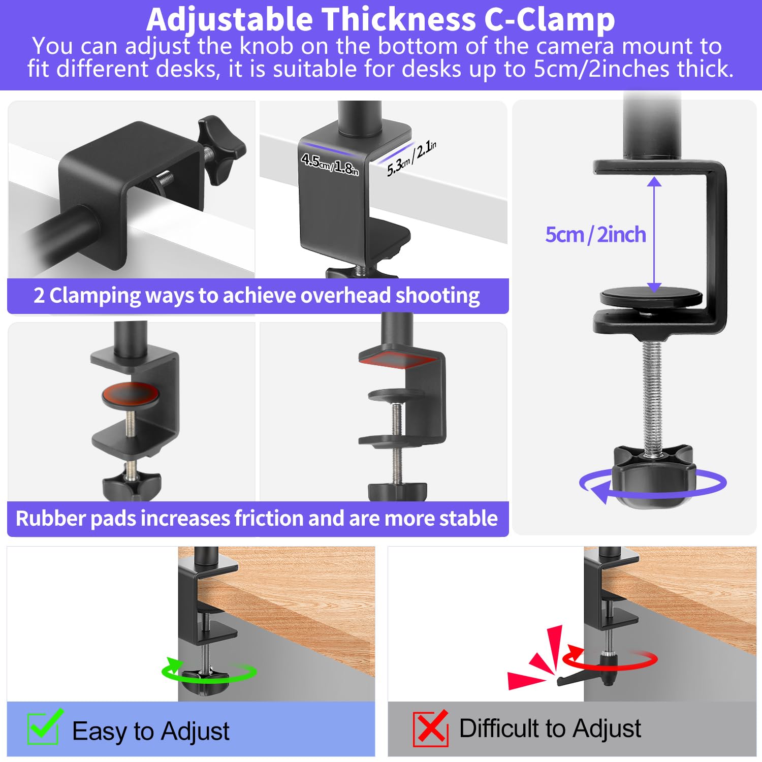 Camera Desk Mount Webcam Stand with 360° Ball Head, Adjustable Table Light Stand 14