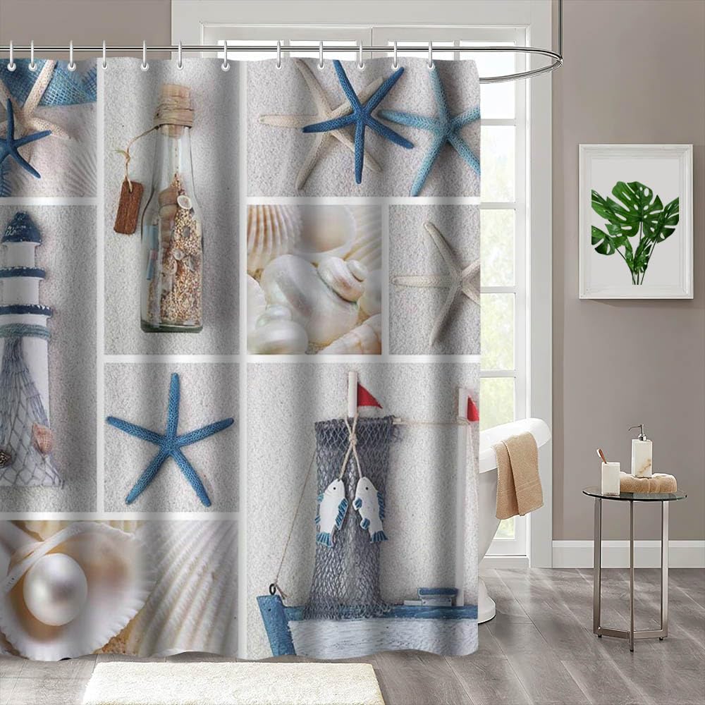MEHOFOND 72x72 inch Summer Nautical Shower Curtain Set Marine Starfish Sail Boat Beach Shell Sea Waterproof Shower Curtain with 12 Hooks Bathroom Decoration
