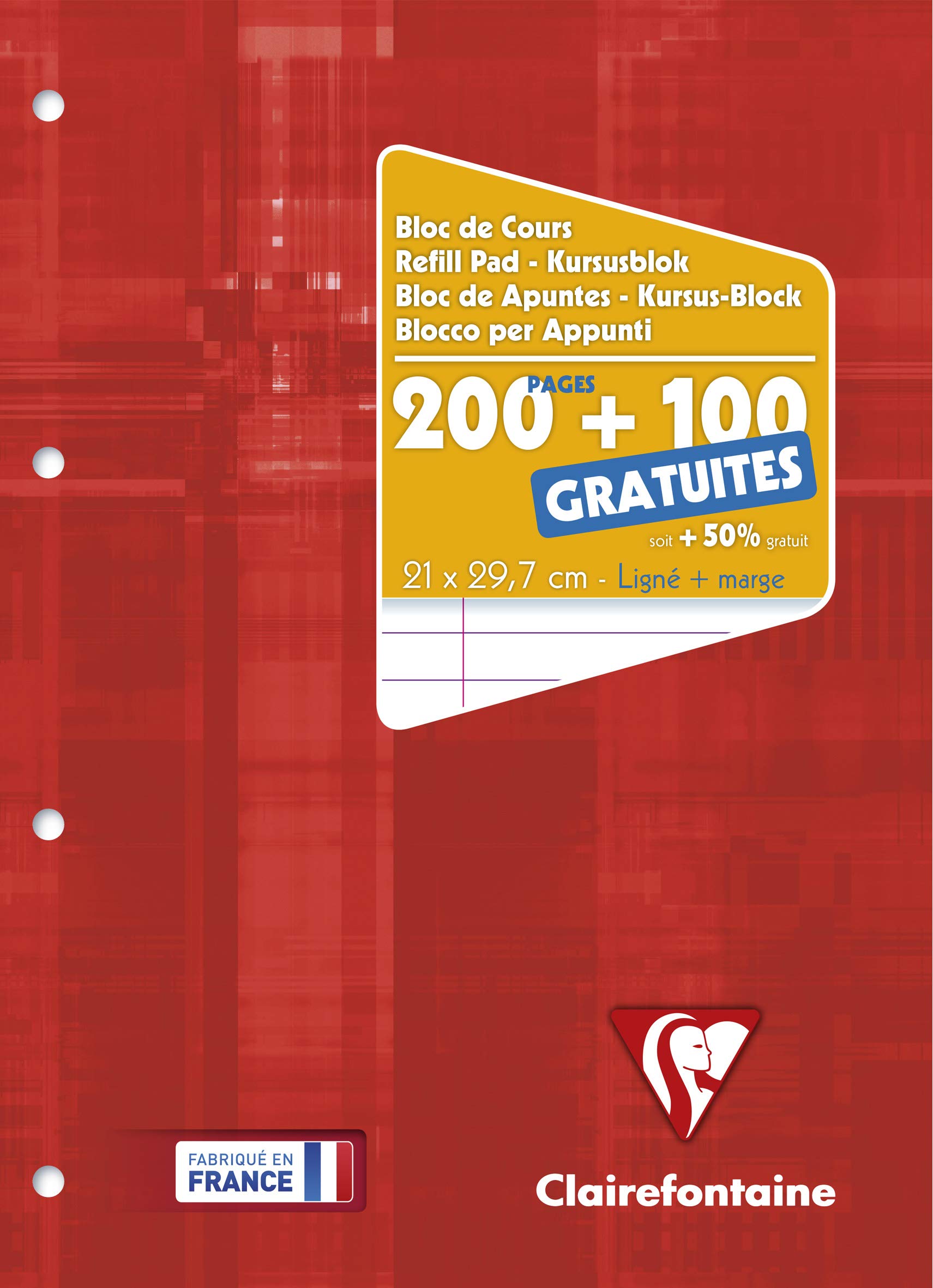 Clairefontaine 65818C Raspberry Red Perforated Glued Punched Pad A4 21x29,7 - 300 Pages Lined w/ Margin and Perforated 4 Holes - 90g Paper - Hardcover