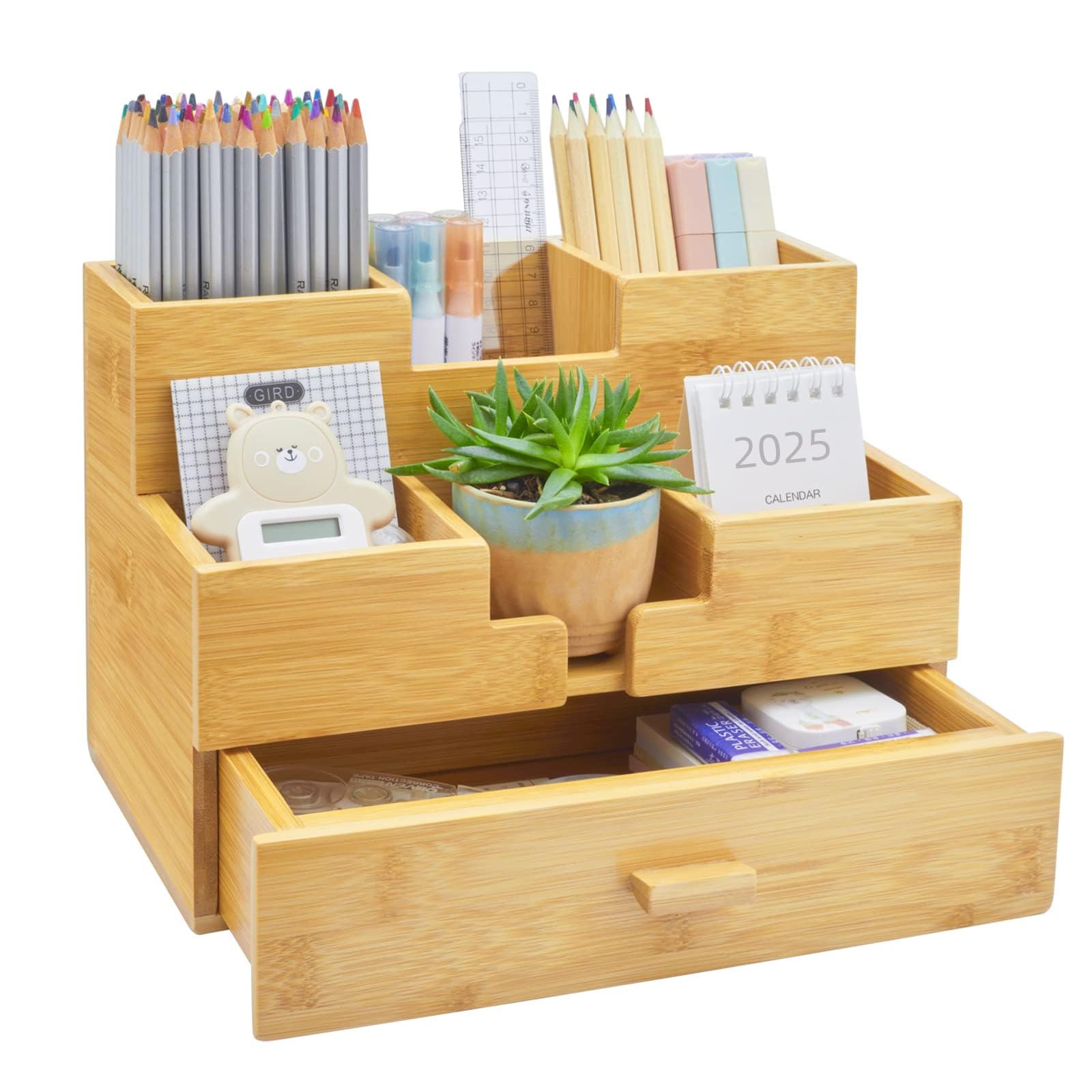 Photo 1 of Charmlife Bamboo Desk Organizer - Makeup & Pen Storage with Drawer & Pencil Holder for Office Organization