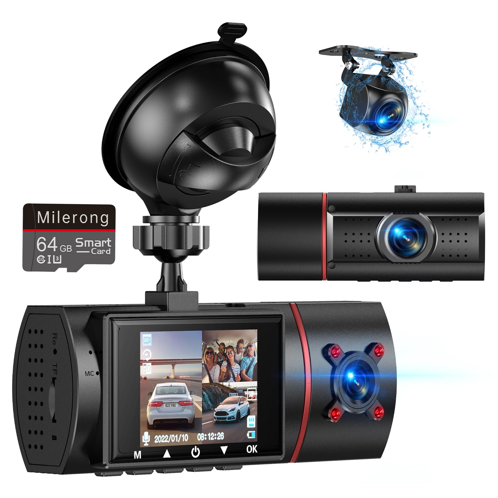 3 Channel Dash Cam Front and Rear Inside with 64GB Card,Milerong 1080P Dash Camera for Cars,Dashcam Three Way Triple Car Camera with IR Night Vision,Loop Recording,G-Sensor,24H Parking Mode…
