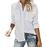Runcati Womens Button Down Shirt Cotton Linen Long Sleeve V Neck Dress Shirts Casual Loose Roll Up Work Blouse Tops
