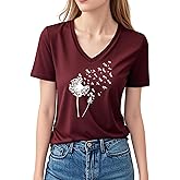 DANVOUY Women's Dandelion Print T Shirts Cute V-Neck Graphic Tees Short Sleeve Summer Tops