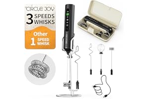 CIRCLE JOY Rechargeable Handheld Milk Frother Wand with Stand, 3 Variable Speeds, 3 Whisks and Storage Box, Electric Drink Mixer for Latte, Cappuccino, Hot Chocolate, Eggs and Protein Powder, Black
