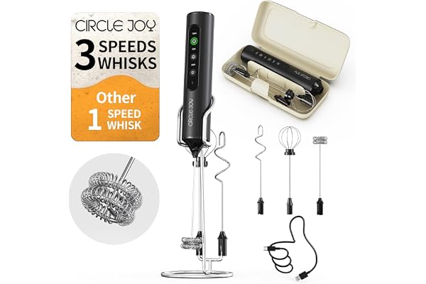 CIRCLE JOY Electric Milk Frother Handheld with 3 Speeds & Detachable Whisks | Stand and Storage Box, Rechargeable Coffee Frot