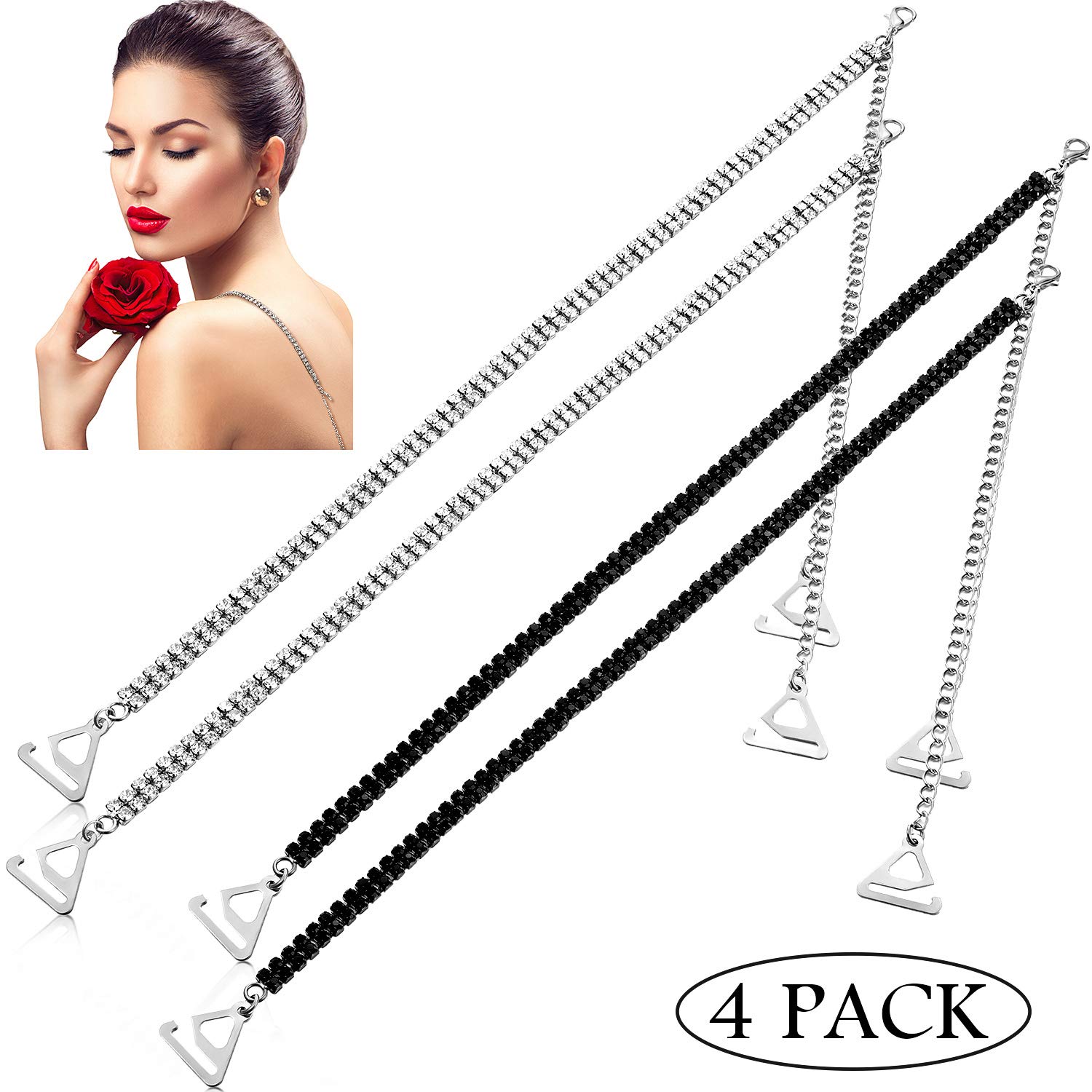 Photo 1 of 2 Pairs Rhinestone Bra Strap Adjustable Rhinestone Invisible Shoulder Strap Anti-Skid Belt for Bra Tops(Medium,Black and Silver)