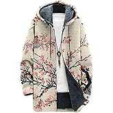 Dirxi Vintage Japanese Art Print Graphic Jacket Men's Autumn/Winter Fleece Lined Zipper Sweatshirt with Pockets