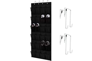 HOME GENIE Over the Door Hanging Shoe Organizer, 24 Breathable Mesh Pockets, Closet Rack Storage Holder, Stay in Place Hooks Hang on Closets, Hanger Holds Up to 40 lbs for Shoes, Accessories, Black