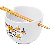 Silver Buffalo Sanrio Gudetama Lazy Egg Poses Top Ramen Nissin Top Ramen Ceramic Ramen Noodle Rice Bowl with Chopsticks, Microwave Safe, 20 Ounces