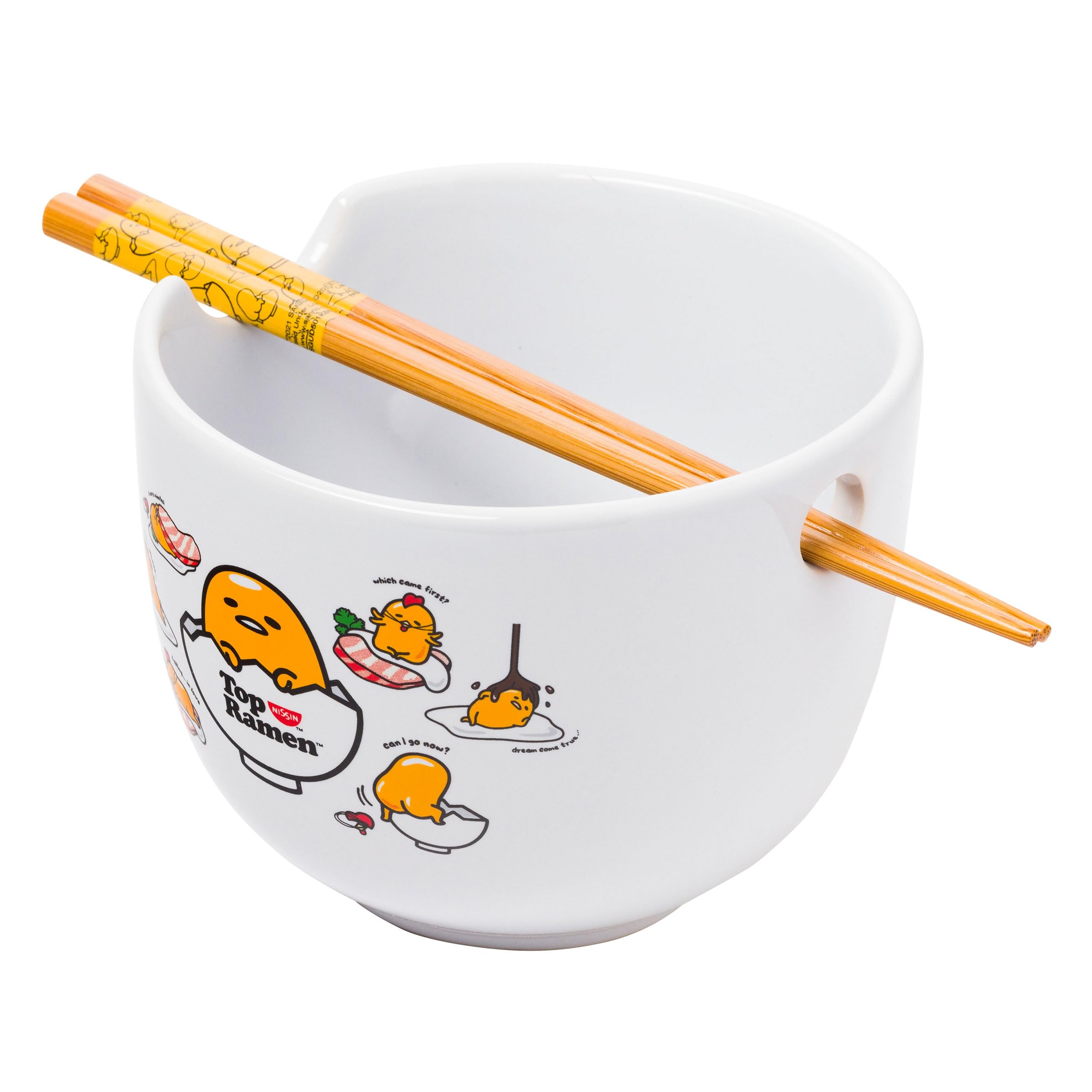 Silver Buffalo Sanrio Gudetama Lazy Egg Poses Top Ramen Nissin Top Ramen Ceramic Ramen Noodle Rice Bowl with Chopsticks, Microwave Safe, 20 Ounces
