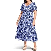 Women's Plus Size Casual Dress Floral Tiered V-Neck Aline Short Sleeve Summer Maxi Dresses with Pockets Long Dress