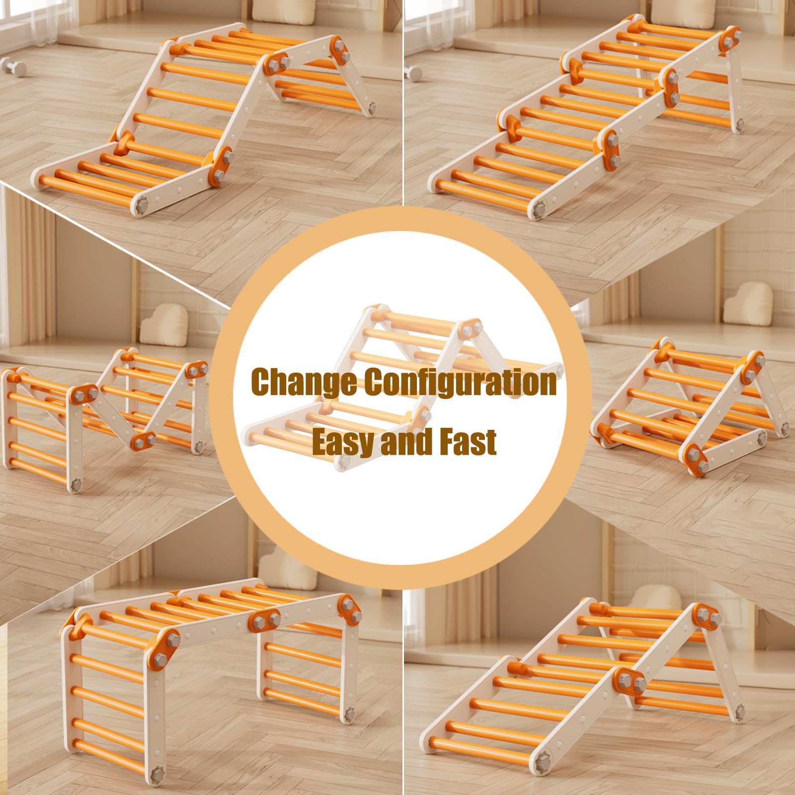 Toddler Climbing Toys,Kids Pikler Triangle Set,Montessori Indoor Play Gym,Multifunction Foldable Indoor Climbing Gym for Kids(Orange)