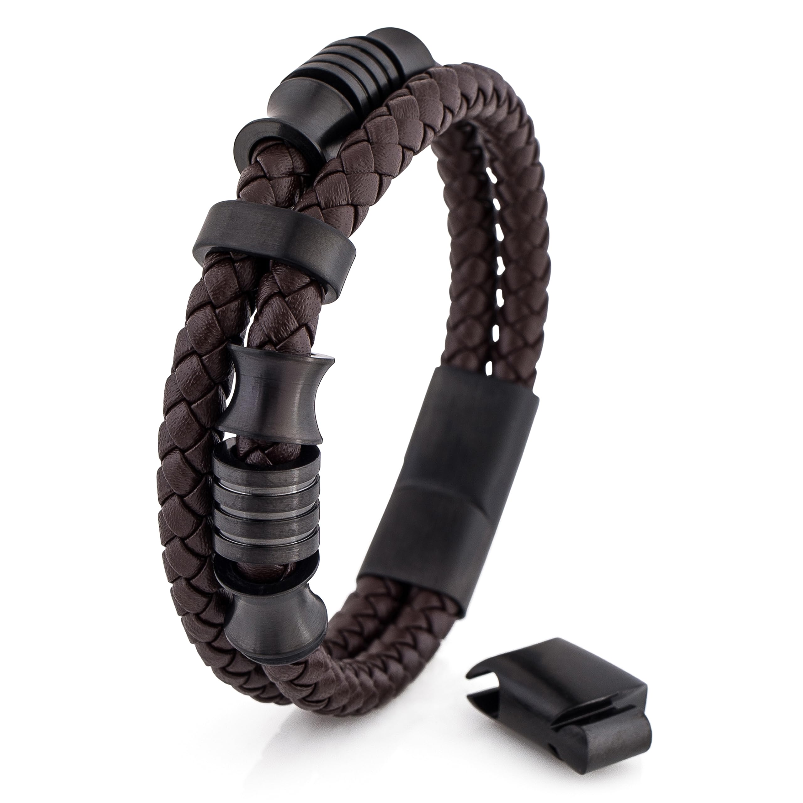 Akitsune Gracilitas Leather Bracelet | Link Bangle Trinket Women Stainless Steel Magnetic Mens - Matte Black - Brown 20cm