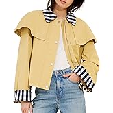 CUFEZN Women's Gingham Cape Jacket, Cotton Plaid Trim Trench Coat Snap Button Cropped Peacoat with Pockets