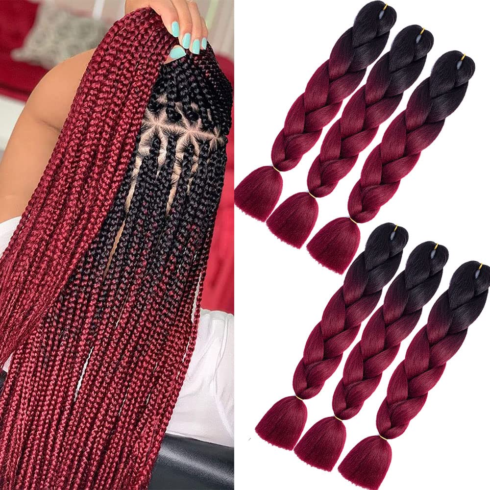 burgundy braiding hair 6 Packs Ombre Braiding Hair 24 Inch High Temperature Synthetic Fiber Braids Extensions Hair for Box Braids (24 Inch, Black-Burgundy)