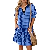 BLENCOT Women's Casual Polo V Neck T Shirt Striped Dress Summer Puff Short Sleeve MIdi Dresses