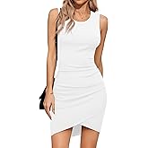 Missufe Women's Round Neck Sleeveless Tulip Hem Ruched Bodycon Summer Casual Tank Short Dress