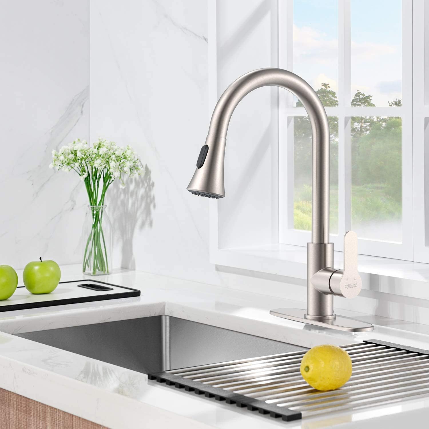 AMAZING FORCE Brushed Nickel Kitchen Faucet with Pull Down Sprayer Kitchen Sink Faucet Single Handle Kitchen Faucet Brushed Nickel Utility Sink Faucet for Laundry Sink Stainless Steel - - 