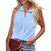 HOTOUCH Womens Sleeveless Button Down Shirt Collared Cotton Linen Blouse Casual Office Shirts Basic Tank Top