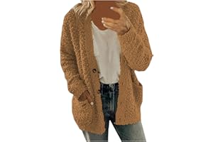 LMSXCT Women's Fuzzy Popcorn Button Down Long Sleeve Cardigan Knit Oversized Sherpa Sweater Cozy Plus Size Coat with Pockets