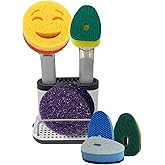 The Original Smiling Handle with Soap Dispensing for Scrub Daddy (Reg. TM) Sponge and Scrub Moji Sponges with Smilyeez Caddy, Dishwand, & 2 Scrub Mojis (White & Grey)
