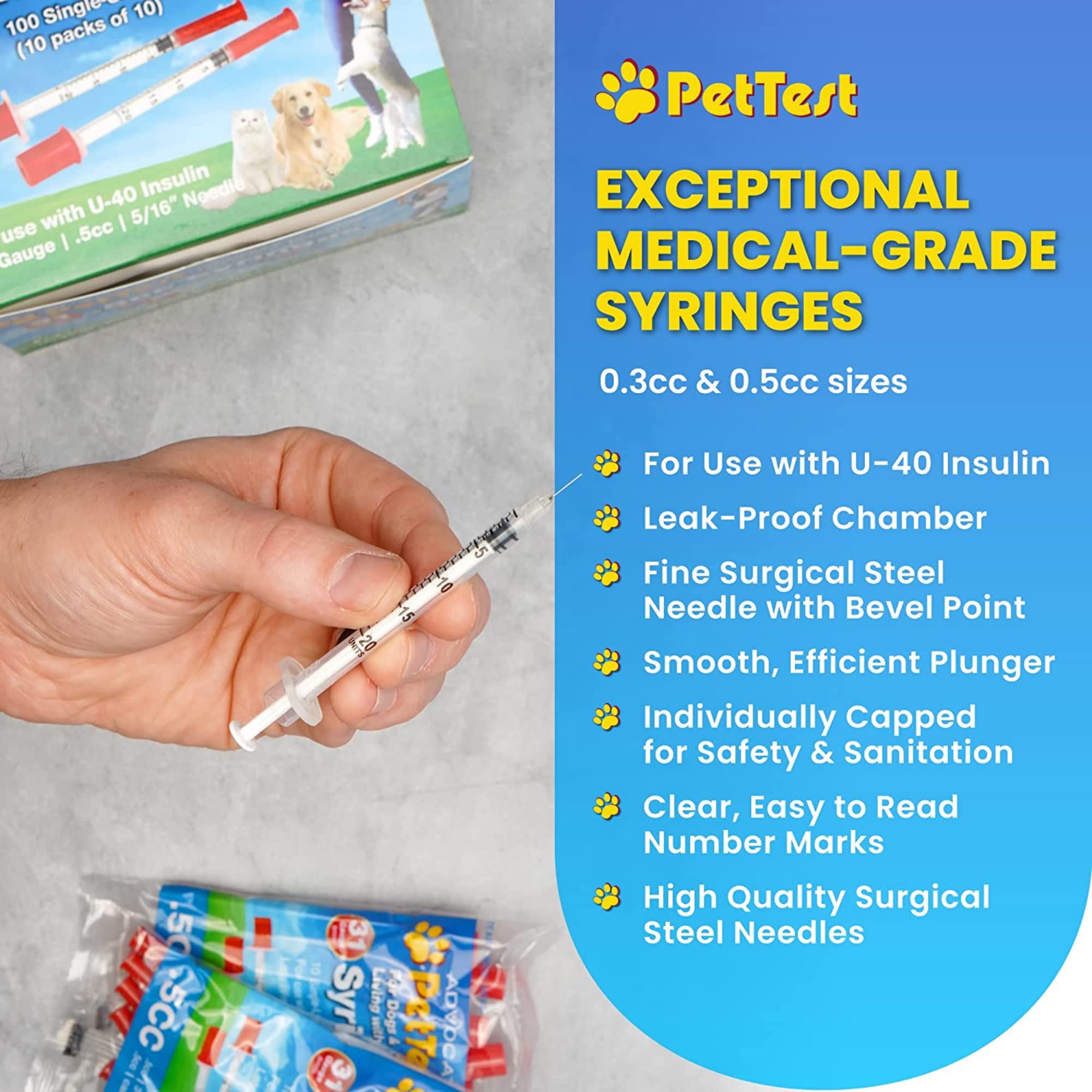 PetTest U-40 Pet Insulin Syringes 0.5CC 31G, 5/16 Inch Long Needles, Comfortable Thin 31 Gauge, For Cats and Dogs, Pets Diabetic Supplies, 100 Pack