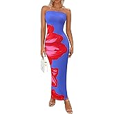 PRETTYGARDEN Women Summer Strapless Maxi Dress Bodycon Floral Sexy Long Wedding Guest Dress Formal Tube Mesh Cocktail Dresses